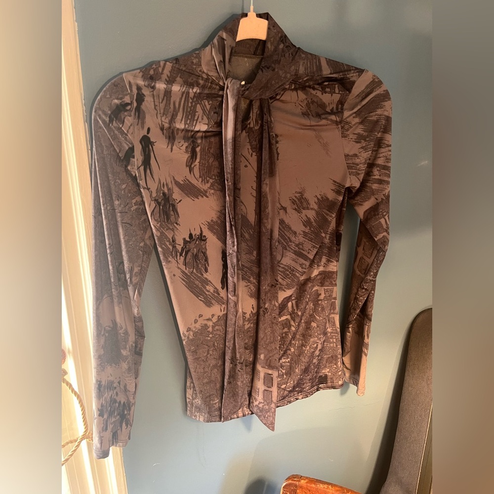 Aritzia Brown Graphic Long Sleeve Blouse